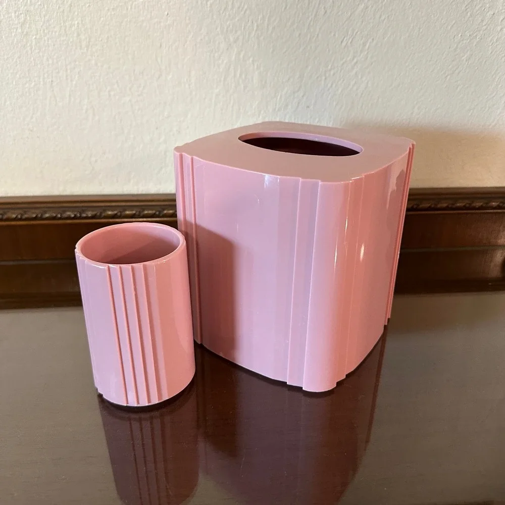 Vintage 80s Pink Plastic Bathroom Set Tissue Box Cover Tumbler Ribbed Art Deco
